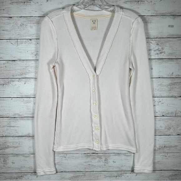 We The Free Cardigan V-Neck Long Sleeve Ribbed Button Front Ivory Medium - Picture 1 of 6